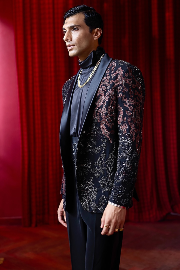 Black Lachka Fabric Embroidered Tuxedo Set by ASUKA at Pernia's Pop Up Shop