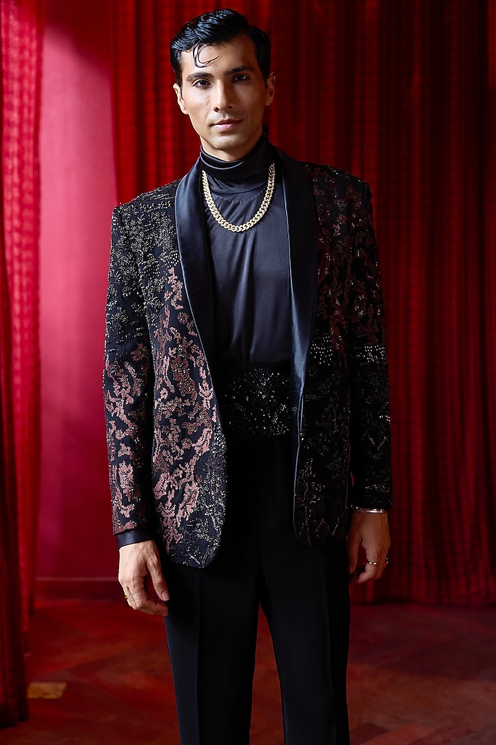 Black Lachka Fabric Embroidered Tuxedo Set by ASUKA at Pernia's Pop Up Shop