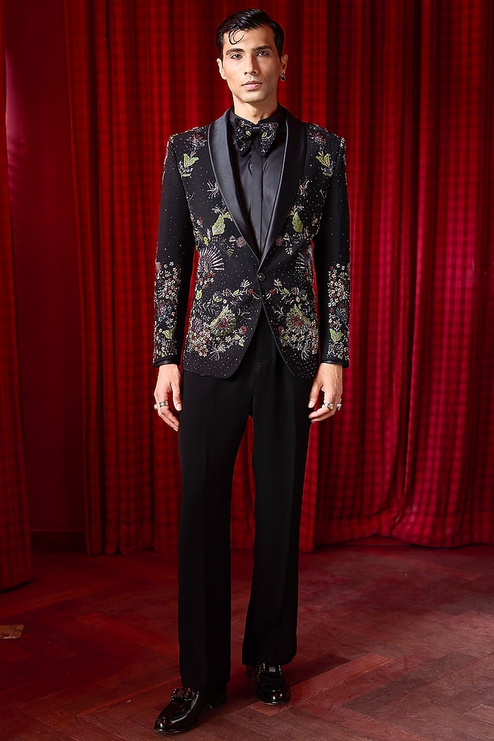 Black Lachka Fabric Hand Embellished Tuxedo Set by ASUKA at Pernia's Pop Up Shop