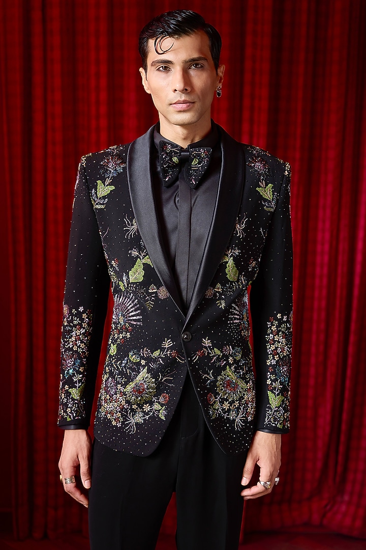 Black Lachka Fabric Hand Embellished Tuxedo Set by ASUKA at Pernia's Pop Up Shop