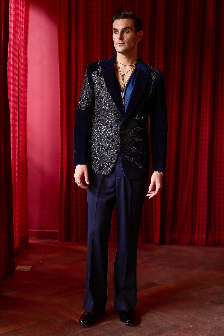 Black Velvet Sequins Embroidered Tuxedo Set by ASUKA at Pernia's Pop Up Shop