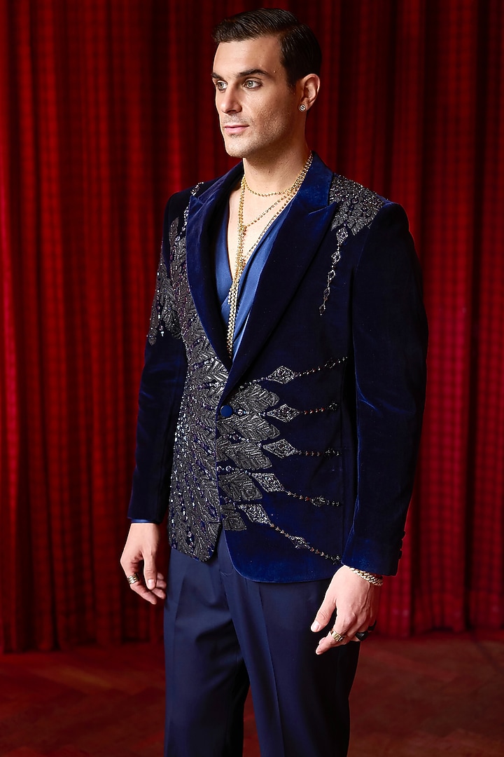Black Velvet Sequins Embroidered Tuxedo Set by ASUKA at Pernia's Pop Up Shop