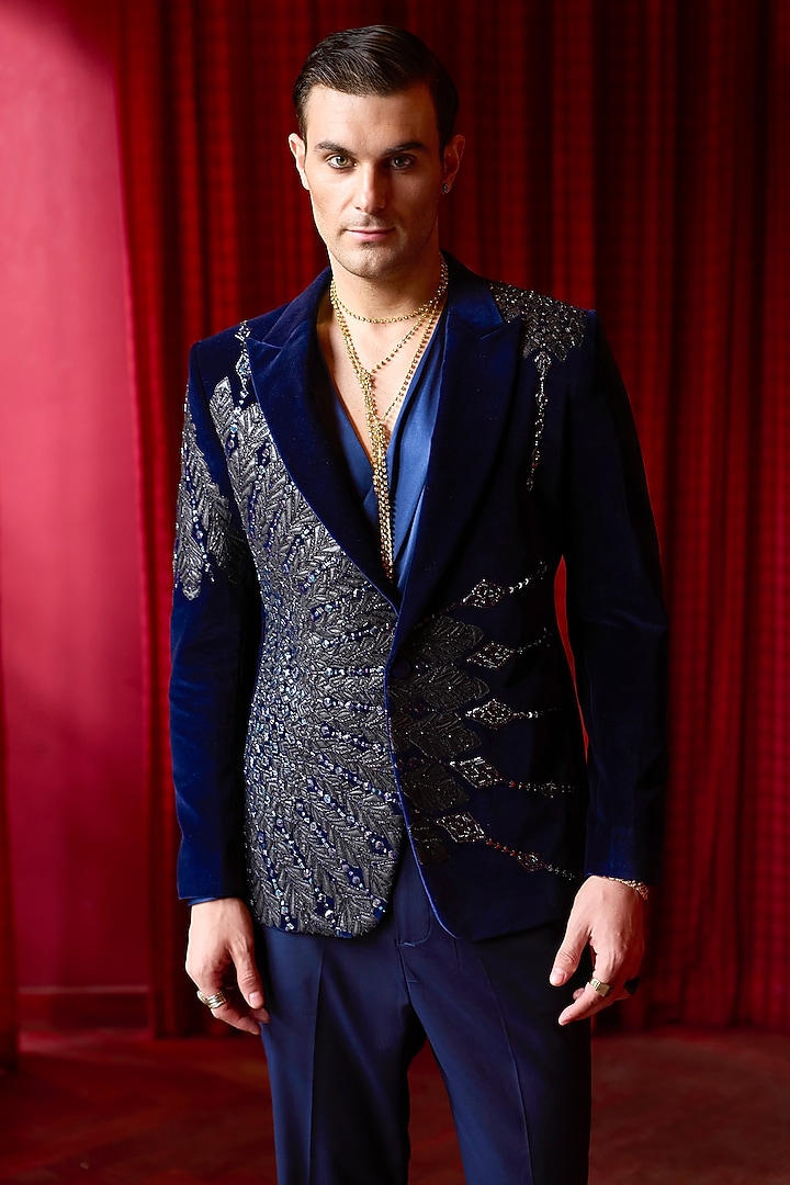 Black Velvet Sequins Embroidered Tuxedo Set by ASUKA at Pernia's Pop Up Shop