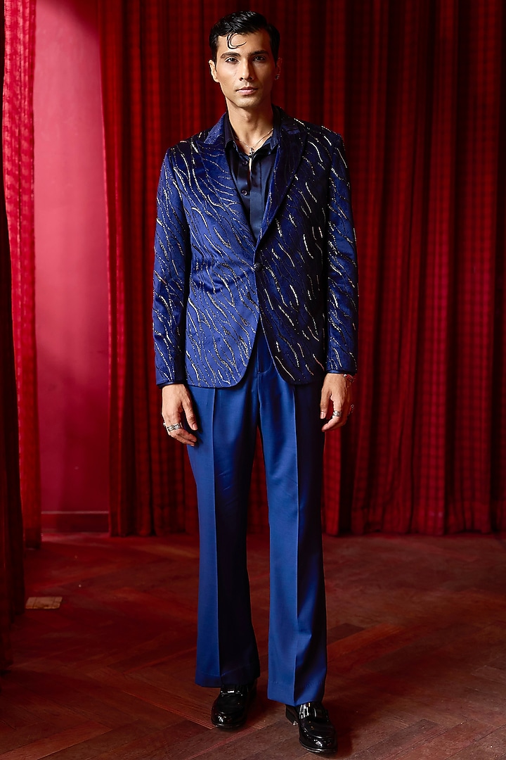 Blue Jacquard Nalki Embroidered Tuxedo Set by ASUKA