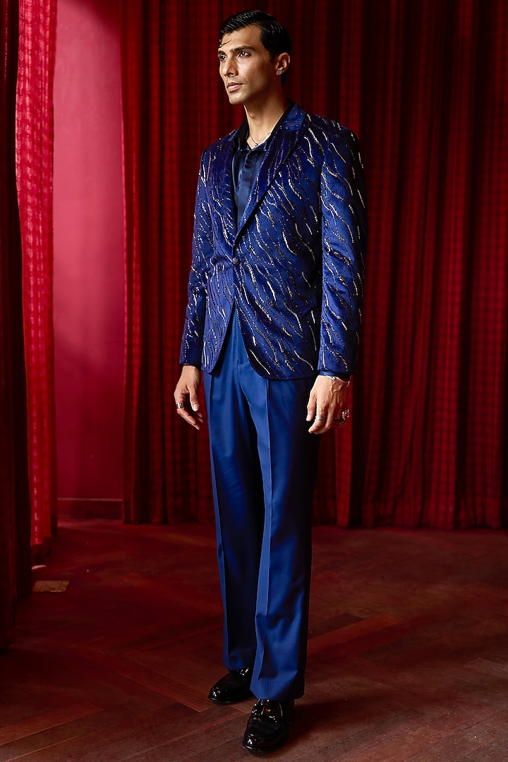 Blue Jacquard Nalki Embroidered Tuxedo Set by ASUKA at Pernia's Pop Up Shop