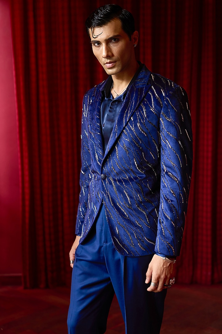Blue Jacquard Nalki Embroidered Tuxedo Set by ASUKA at Pernia's Pop Up Shop