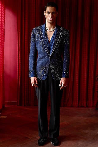 blue suede dress jacket Teal Suede Tuxedo Set With Shirt And Trousers main image 0