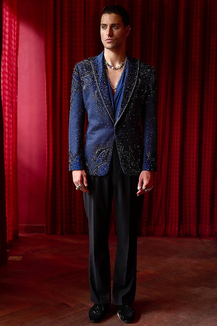 Deep Blue Velvet Embroidered Tuxedo Set by ASUKA at Pernia's Pop Up Shop