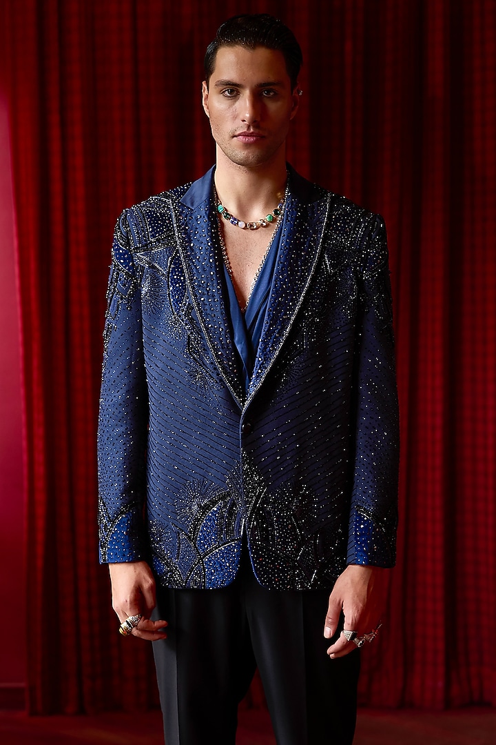 Deep Blue Velvet Embroidered Tuxedo Set by ASUKA at Pernia's Pop Up Shop