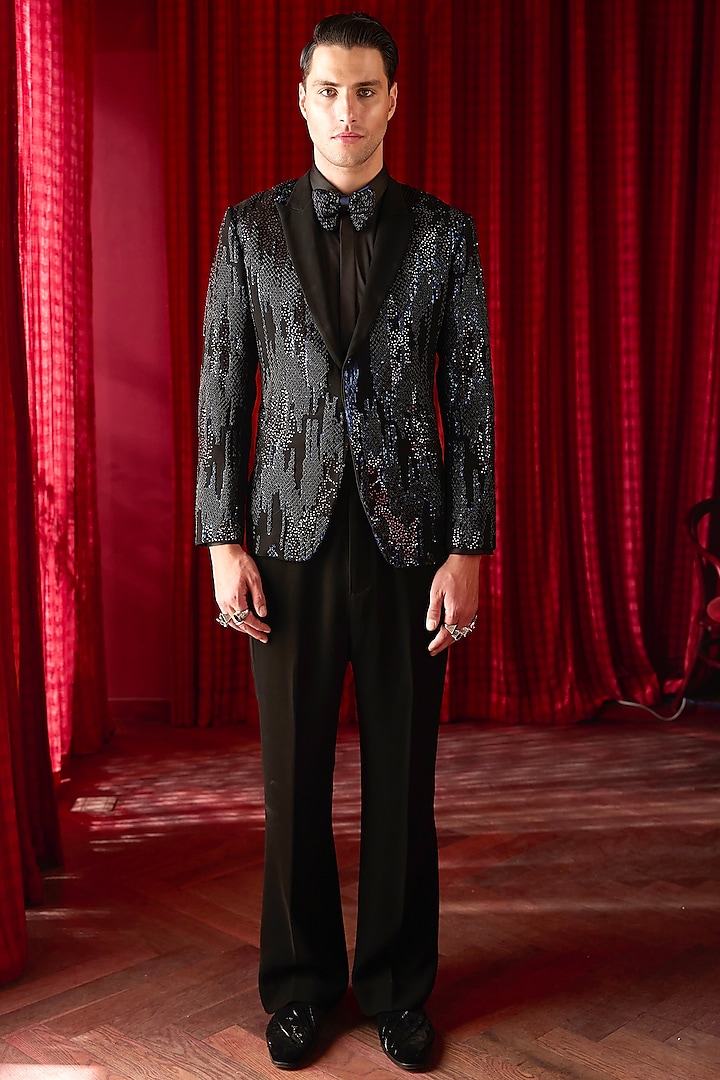 Black Silk Sequin Embellished Tuxedo Set by ASUKA