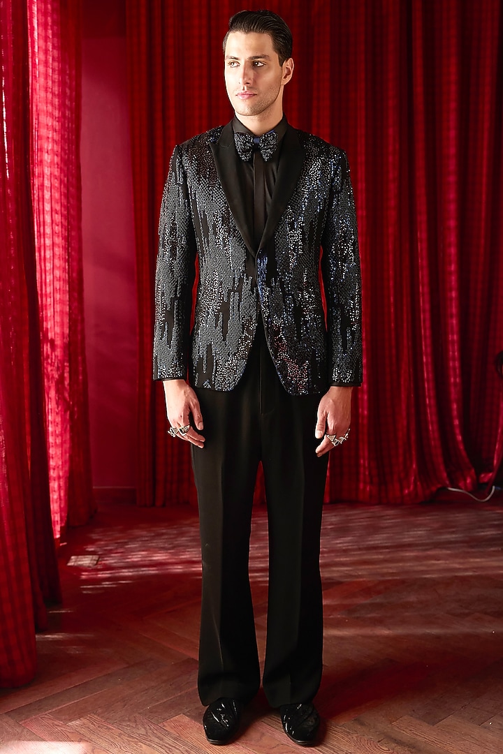 Black Silk Sequin Embellished Tuxedo Set by ASUKA at Pernia's Pop Up Shop