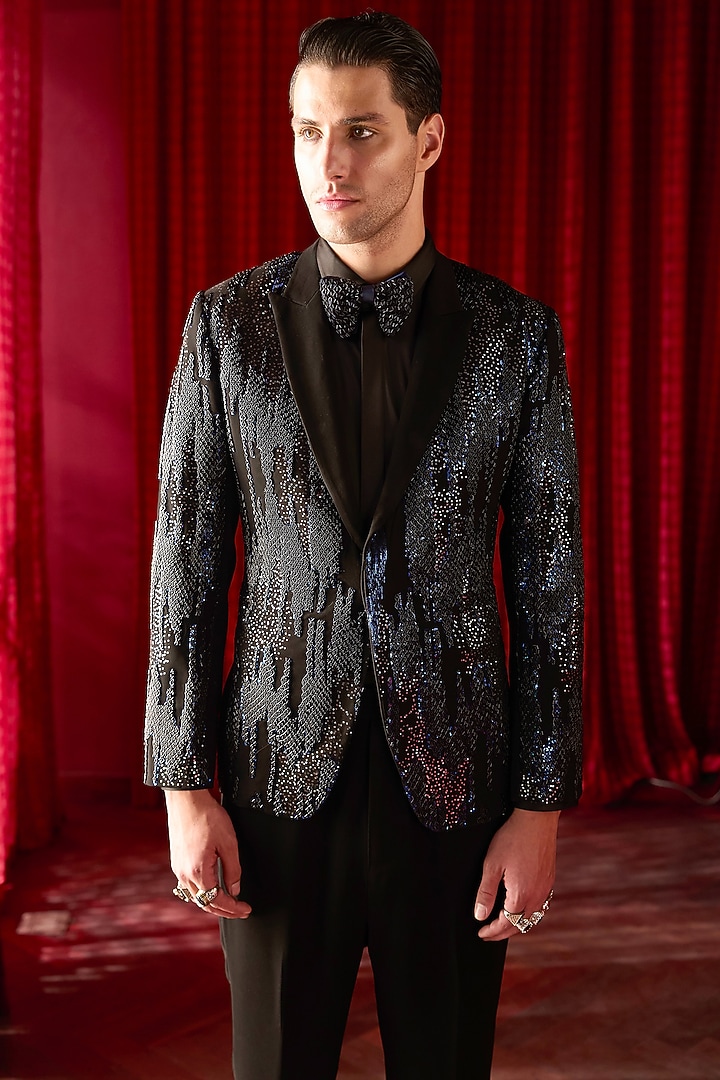 Black Silk Sequin Embellished Tuxedo Set by ASUKA at Pernia's Pop Up Shop