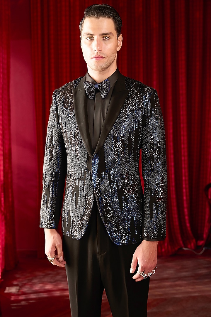 Black Silk Sequin Embellished Tuxedo Set by ASUKA at Pernia's Pop Up Shop