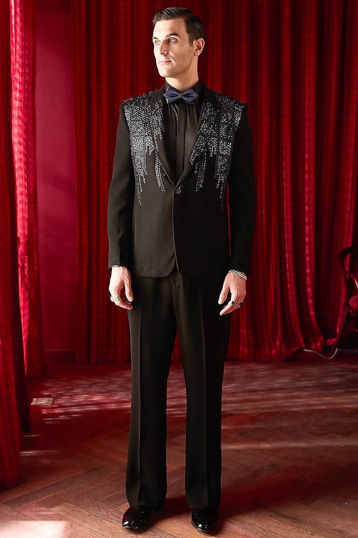 Black Silk Sequin Embroidered Tuxedo Set by ASUKA