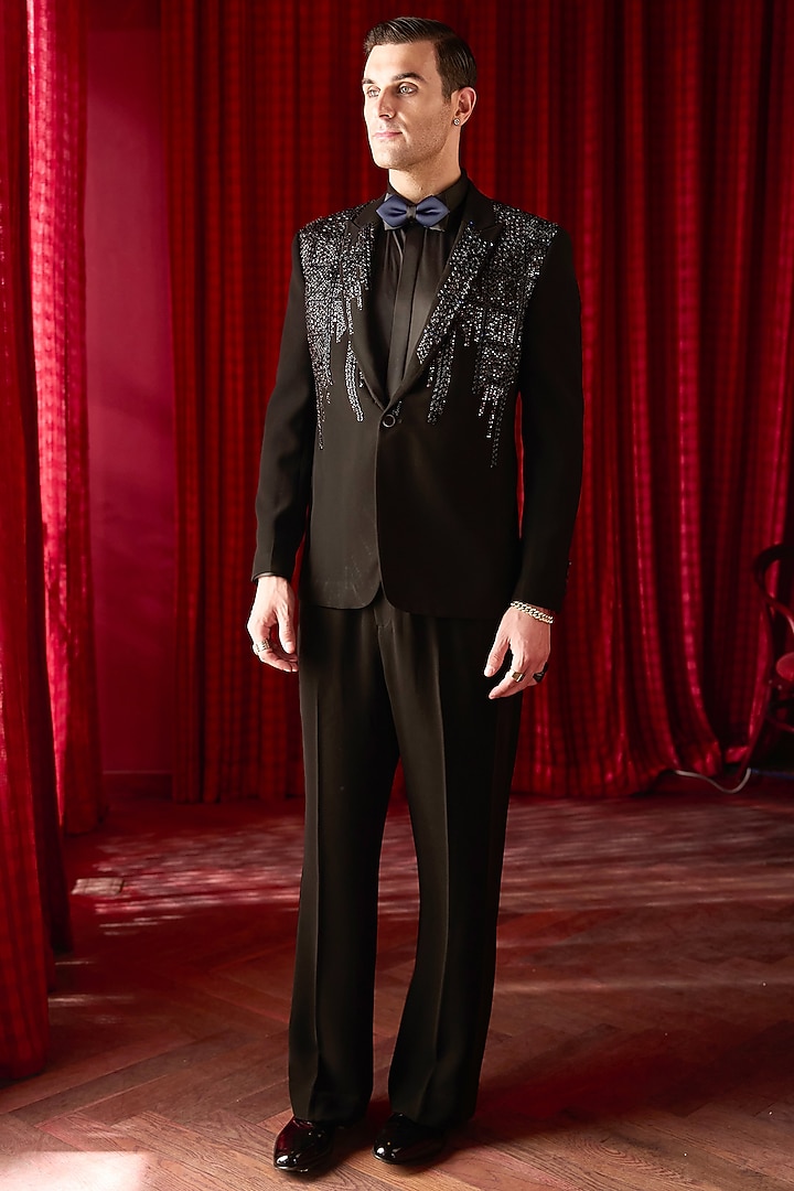 Black Silk Sequin Embroidered Tuxedo Set by ASUKA at Pernia's Pop Up Shop
