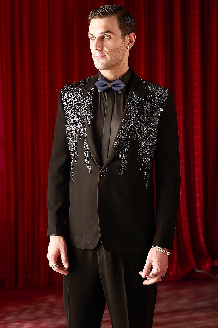 Black Silk Sequin Embroidered Tuxedo Set by ASUKA at Pernia's Pop Up Shop