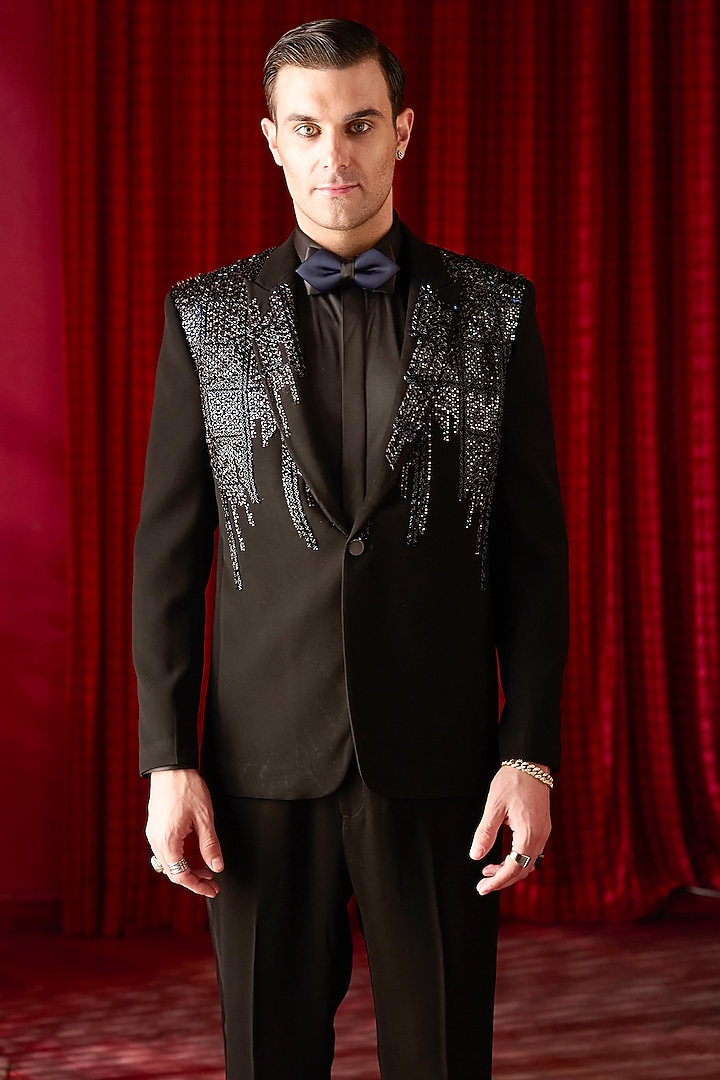 Black Silk Sequin Embroidered Tuxedo Set by ASUKA at Pernia's Pop Up Shop