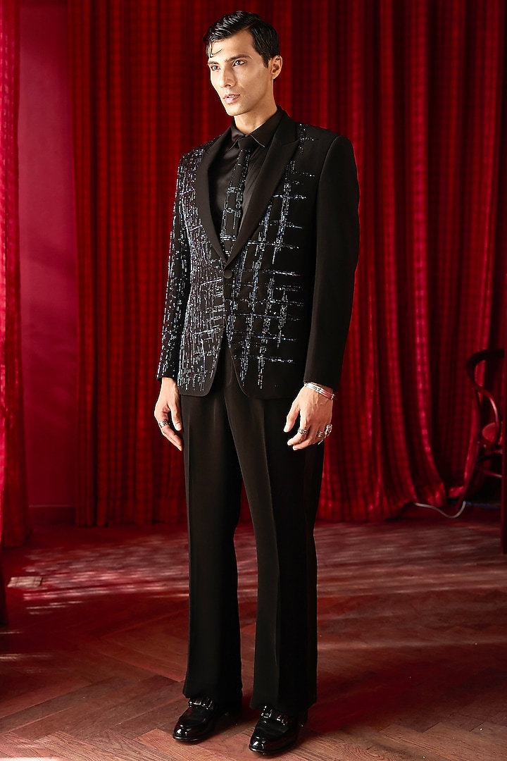 Black Tigene Cutdana Embroidered Tuxedo Set by ASUKA at Pernia's Pop Up Shop