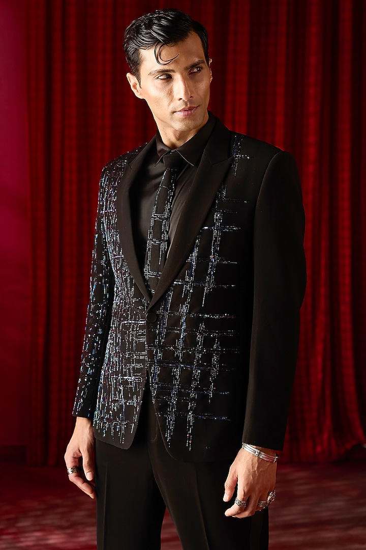 Black Tigene Cutdana Embroidered Tuxedo Set by ASUKA at Pernia's Pop Up Shop