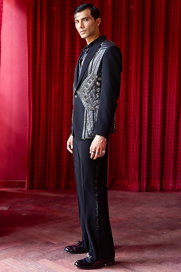 Black Silk Nalki Work Tuxedo Set by ASUKA at Pernia's Pop Up Shop