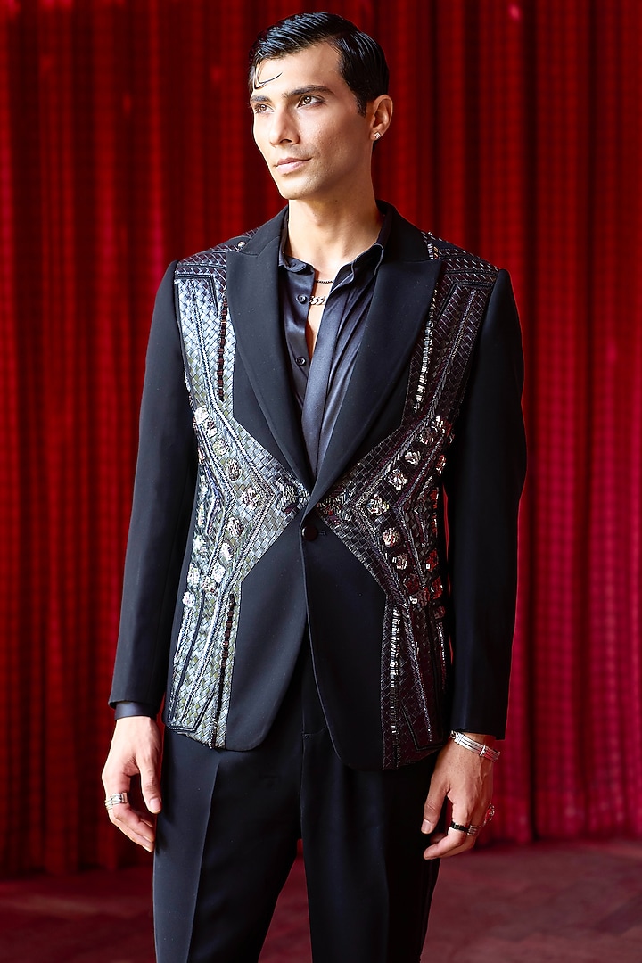 Black Silk Nalki Work Tuxedo Set by ASUKA at Pernia's Pop Up Shop