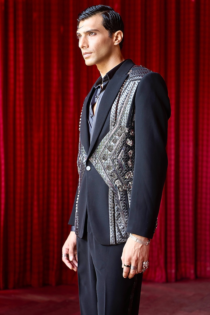 Black Silk Nalki Work Tuxedo Set by ASUKA at Pernia's Pop Up Shop