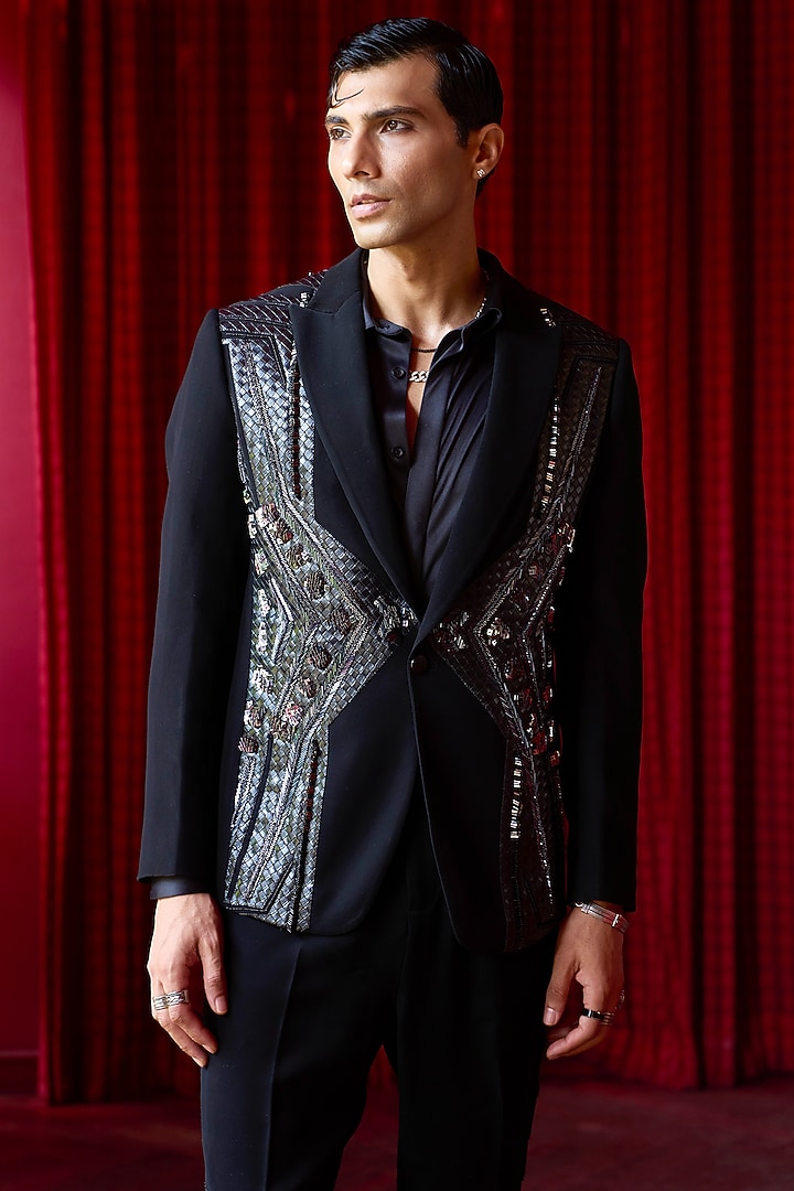 Black Silk Nalki Work Tuxedo Set by ASUKA at Pernia's Pop Up Shop