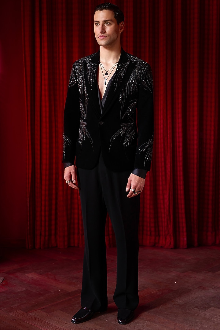Black Cotton Velvet Dabka Embellished Tuxedo Set by ASUKA at Pernia's Pop Up Shop