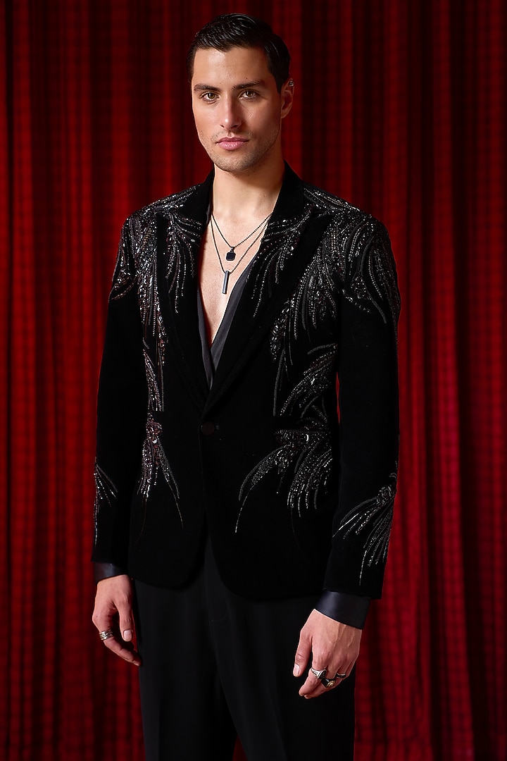 Black Cotton Velvet Dabka Embellished Tuxedo Set by ASUKA at Pernia's Pop Up Shop