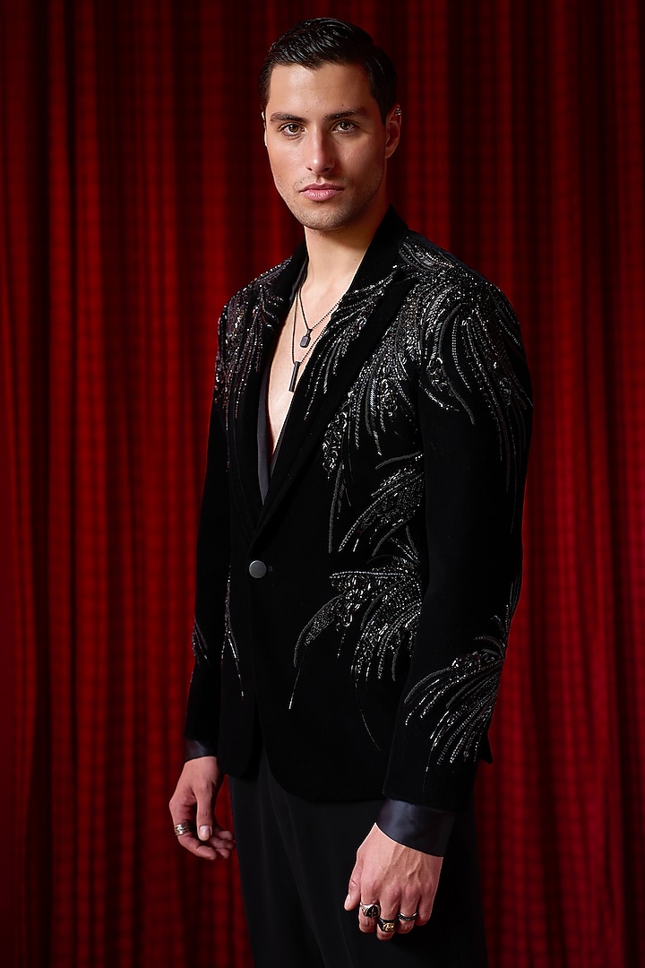 Black Cotton Velvet Dabka Embellished Tuxedo Set by ASUKA at Pernia's Pop Up Shop