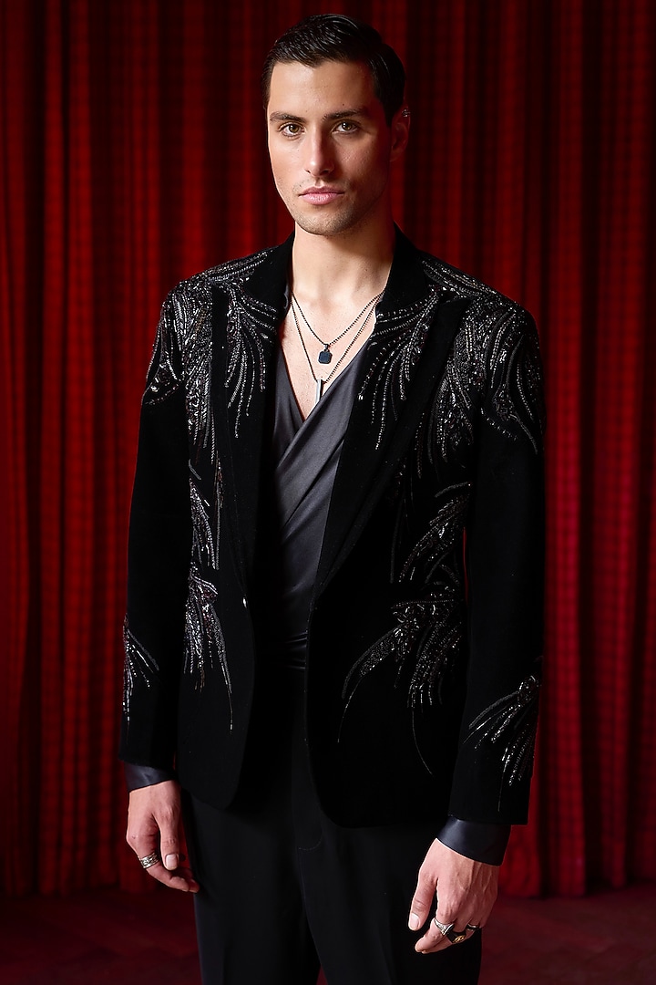 Black Cotton Velvet Dabka Embellished Tuxedo Set by ASUKA at Pernia's Pop Up Shop