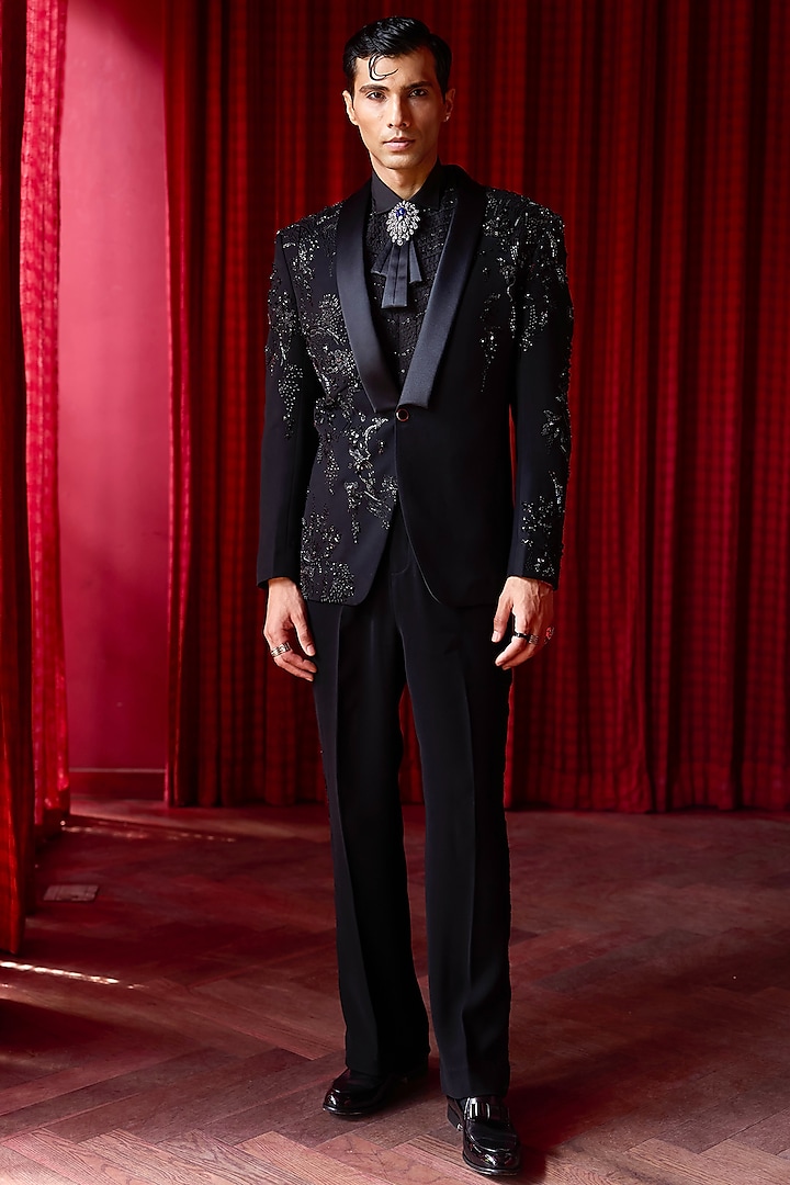 Black Lachka Fabric Sequins Embroidered Tuxedo Set by ASUKA