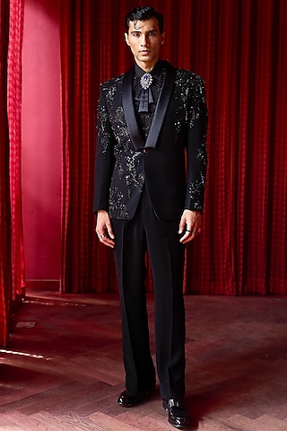 Black Lachka Fabric Sequins Embroidered Tuxedo Set by ASUKA