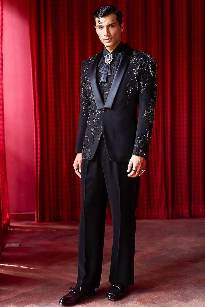 Black Lachka Fabric Sequins Embroidered Tuxedo Set by ASUKA at Pernia's Pop Up Shop