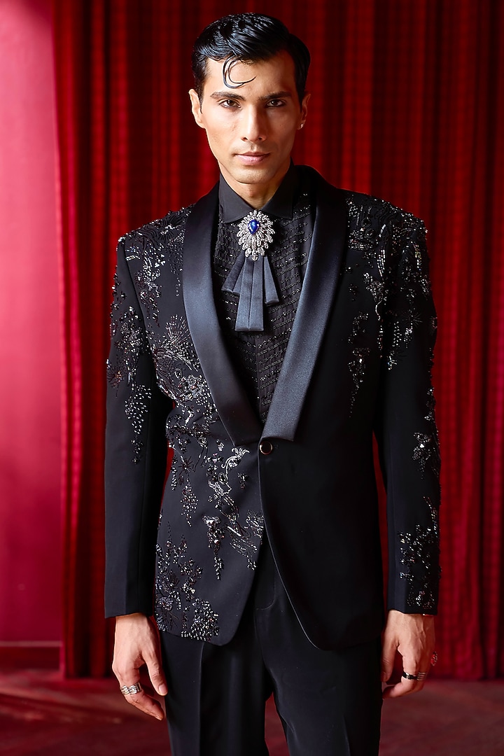 Black Lachka Fabric Sequins Embroidered Tuxedo Set by ASUKA at Pernia's Pop Up Shop