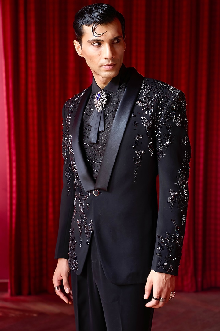 Black Lachka Fabric Sequins Embroidered Tuxedo Set by ASUKA at Pernia's Pop Up Shop