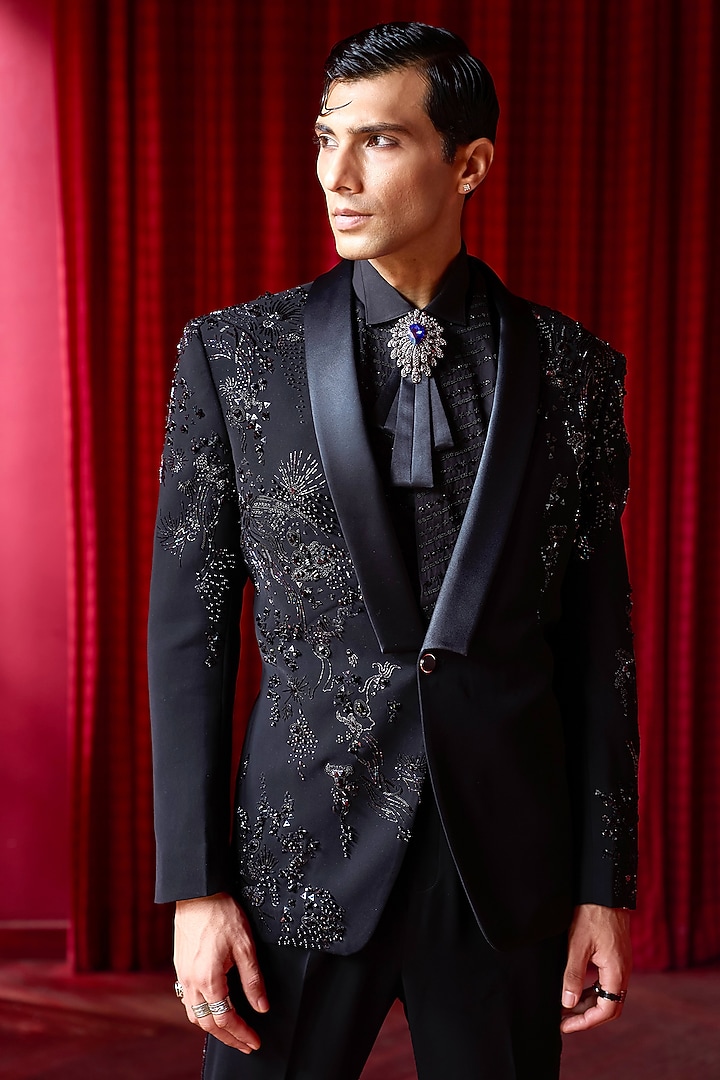 Black Lachka Fabric Sequins Embroidered Tuxedo Set by ASUKA at Pernia's Pop Up Shop