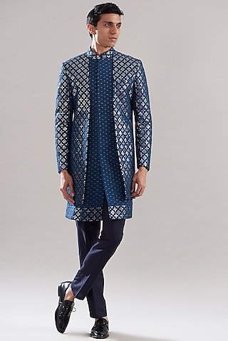 Royal Blue Cotton Silk Embroidered Indowestern Set by ASUKA