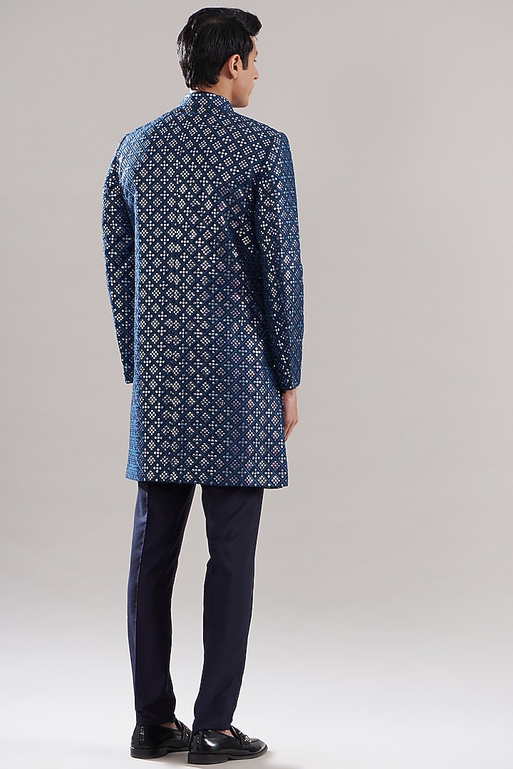 Royal Blue Cotton Silk Embroidered Wedding Indowestern Set by ASUKA at Pernia's Pop Up Shop