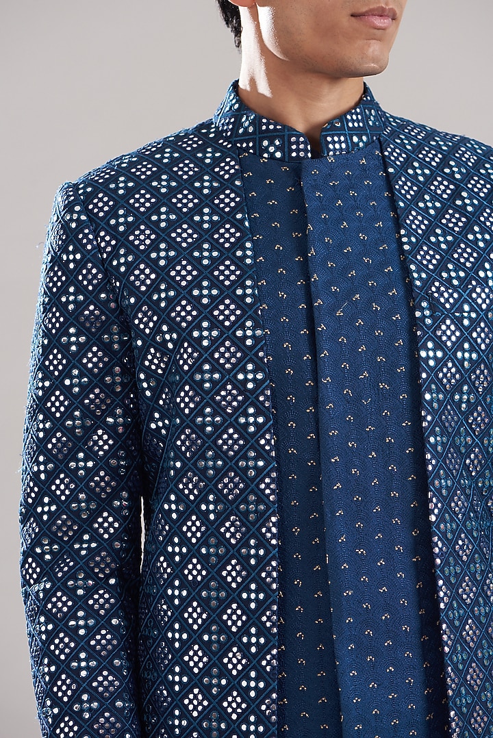 Royal Blue Cotton Silk Embroidered Wedding Indowestern Set by ASUKA at Pernia's Pop Up Shop