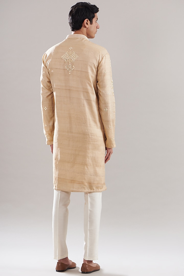 Beige Tussar Silk Mirror Embroidered Kurta Set by ASUKA at Pernia's Pop Up Shop
