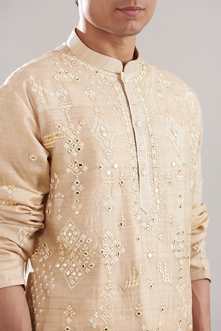 Beige Tussar Silk Mirror Embroidered Kurta Set by ASUKA at Pernia's Pop Up Shop