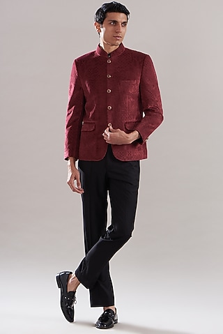 Wine Velvet Bandhgala Set by ASUKA