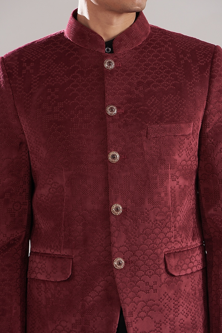 Wine Velvet Wedding Bandhgala Set by ASUKA at Pernia's Pop Up Shop