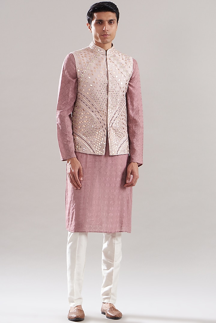 Pink Raw Silk Mirror Wor Bundi Jacket Set by ASUKA at Pernia's Pop Up Shop
