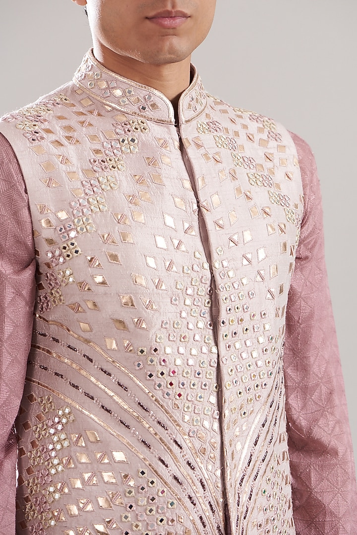 Pink Raw Silk Mirror Wor Bundi Jacket Set by ASUKA at Pernia's Pop Up Shop