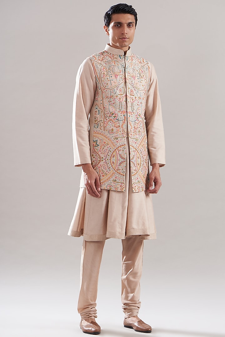 Blush Raw Silk & Cotton Silk Embroidered Bundi Jacket Set by ASUKA at Pernia's Pop Up Shop