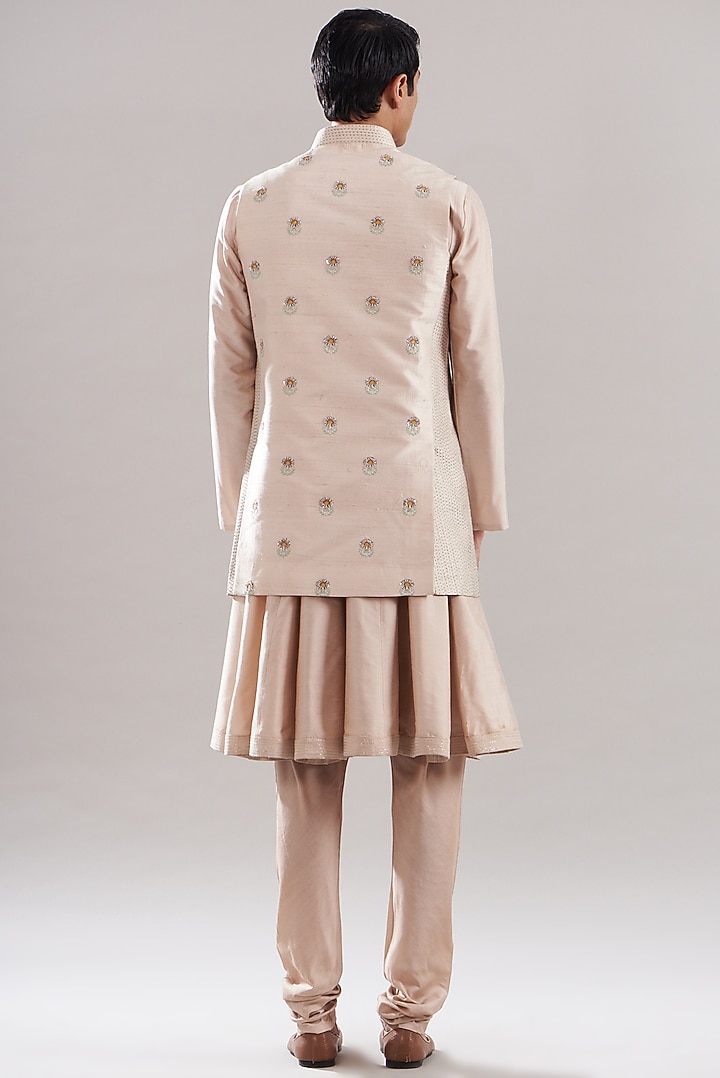 Blush Raw Silk & Cotton Silk Embroidered Bundi Jacket Set by ASUKA at Pernia's Pop Up Shop