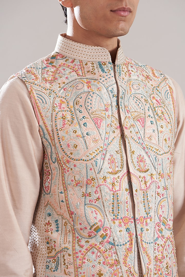 Blush Raw Silk & Cotton Silk Embroidered Bundi Jacket Set by ASUKA at Pernia's Pop Up Shop