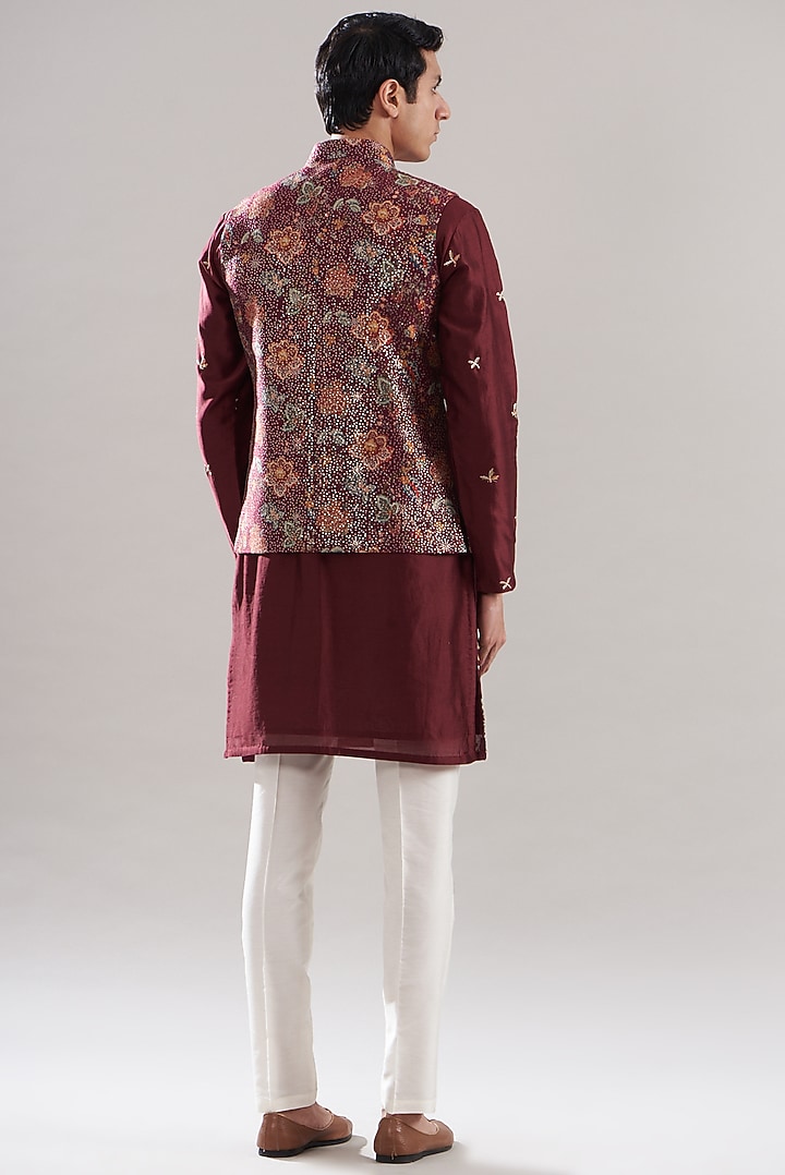 Maroon Cotton Silk Floral Printed & Sequins Work Bundi Jacket Set by ASUKA at Pernia's Pop Up Shop